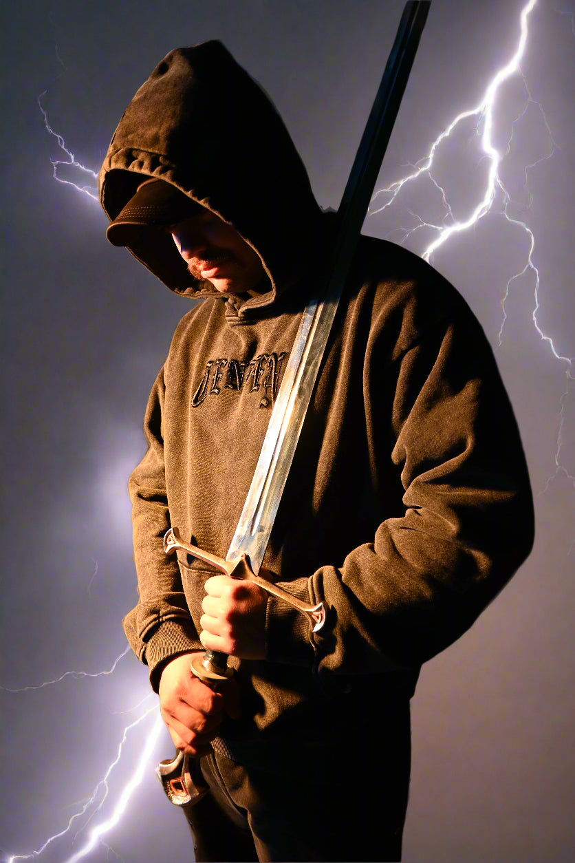 Black Acid Wash Hoodie featuring 3D puff embroidery