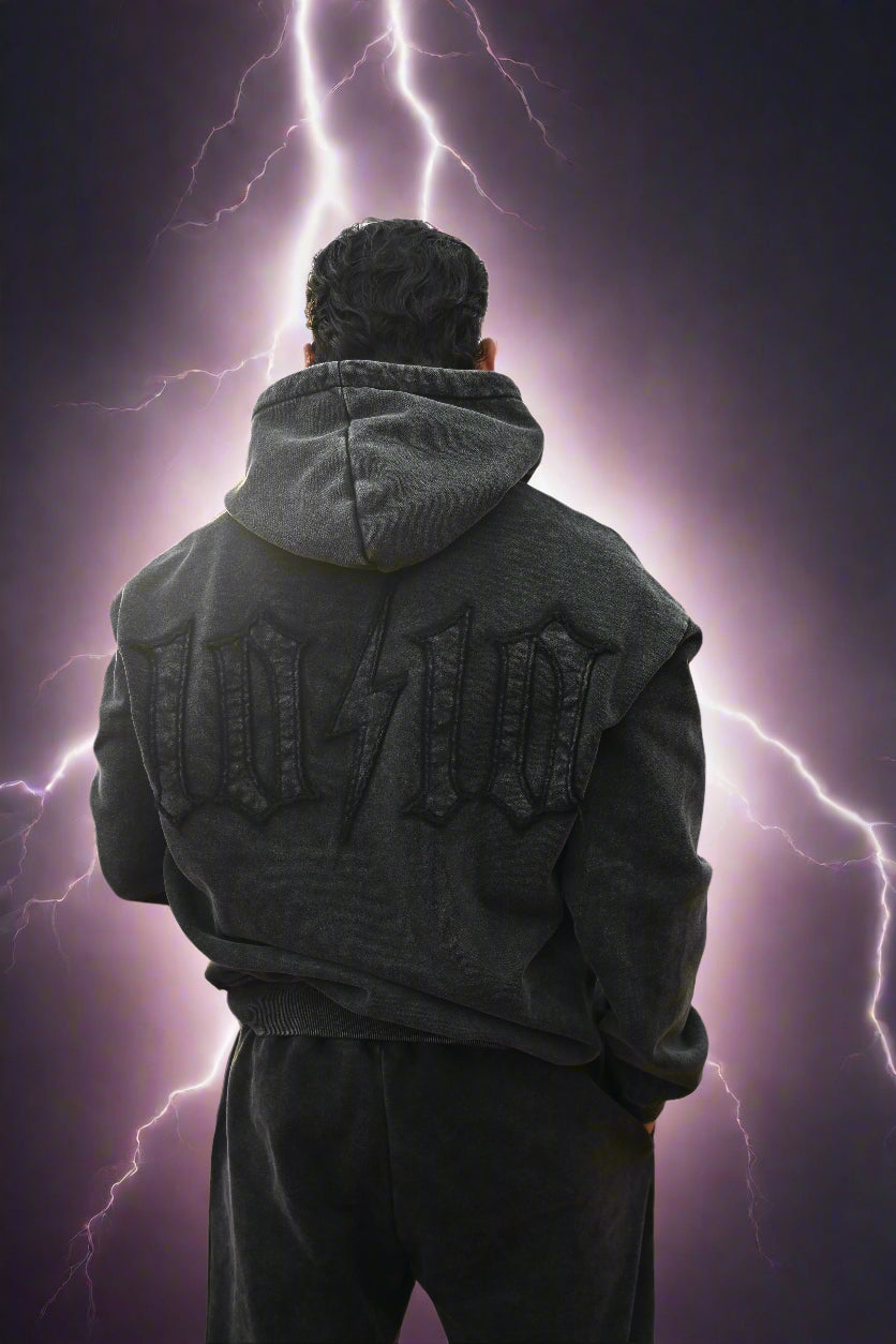 Black Acid Wash Hoodie featuring 3D puff embroidery